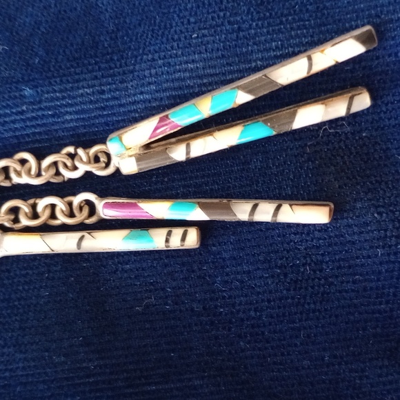 Native American Zuni Multi-stone Inlay Sterling Silver Dangle Stud Earrings - Picture 15 of 17